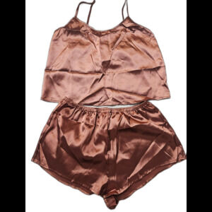 Satin Feel Pjs Pajamas Short and Cami Set Lingerie Camisole Light Brown Medium